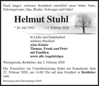 Traueranzeige von Helmut Stuhl  von Magdeburger Volksstimme