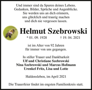 Traueranzeige von Helmut Szebrowski  von Magdeburger Volksstimme