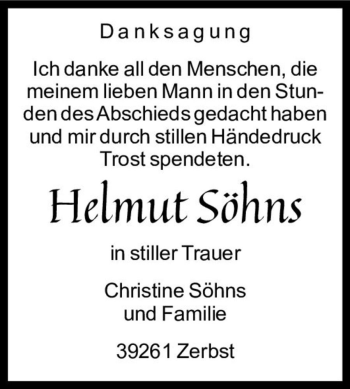 Traueranzeige von Helmut Söhns  von Magdeburger Volksstimme