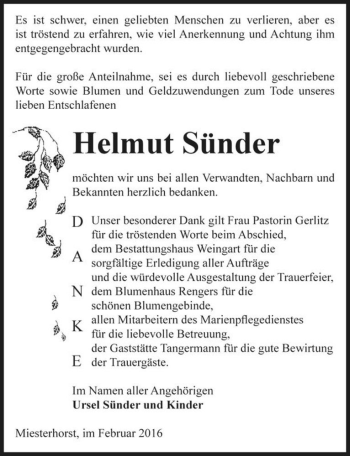 Traueranzeige von Helmut Sünder  von Magdeburger Volksstimme