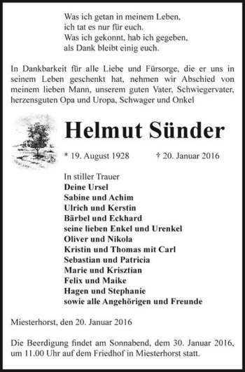 Traueranzeige von Helmut Sünder  von Magdeburger Volksstimme