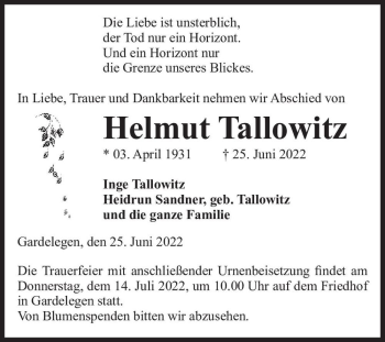 Traueranzeige von Helmut Tallowitz  von Magdeburger Volksstimme