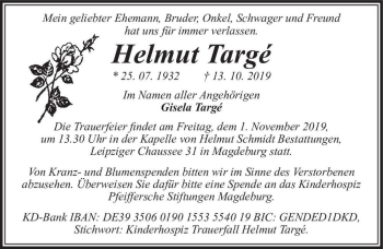 Traueranzeige von Helmut Targé  von Magdeburger Volksstimme