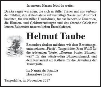 Traueranzeige von Helmut Taube  von Magdeburger Volksstimme
