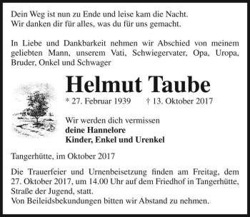 Traueranzeige von Helmut Taube  von Magdeburger Volksstimme