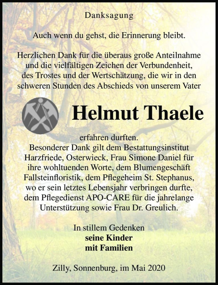  Traueranzeige für Helmut Thaele  vom 30.05.2020 aus Magdeburger Volksstimme