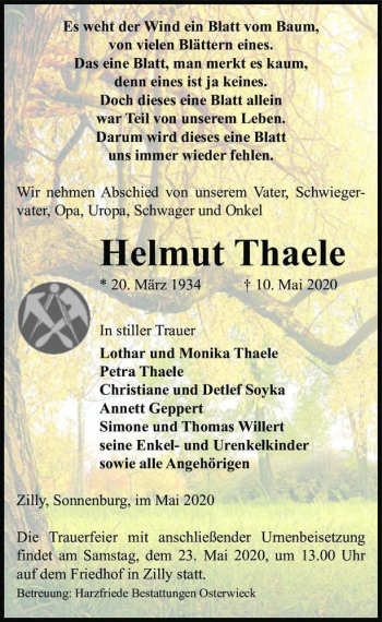 Traueranzeige von Helmut Thaele  von Magdeburger Volksstimme