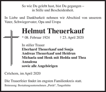 Traueranzeige von Helmut Theuerkauf  von Magdeburger Volksstimme