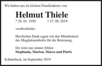 Traueranzeige von Helmut Thiele  von Magdeburger Volksstimme