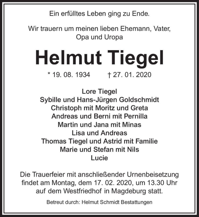  Traueranzeige für Helmut Tiegel  vom 08.02.2020 aus Magdeburger Volksstimme