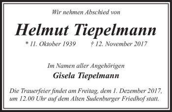 Traueranzeige von Helmut Tiepelmann  von Magdeburger Volksstimme