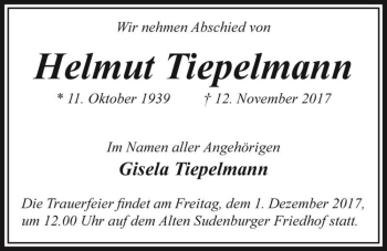 Traueranzeige von Helmut Tiepelmann  von Magdeburger Volksstimme