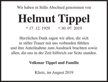 Traueranzeige von Helmut Tippel  von Magdeburger Volksstimme