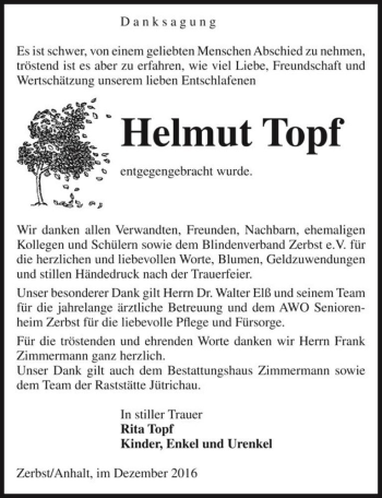 Traueranzeige von Helmut Topf  von Magdeburger Volksstimme