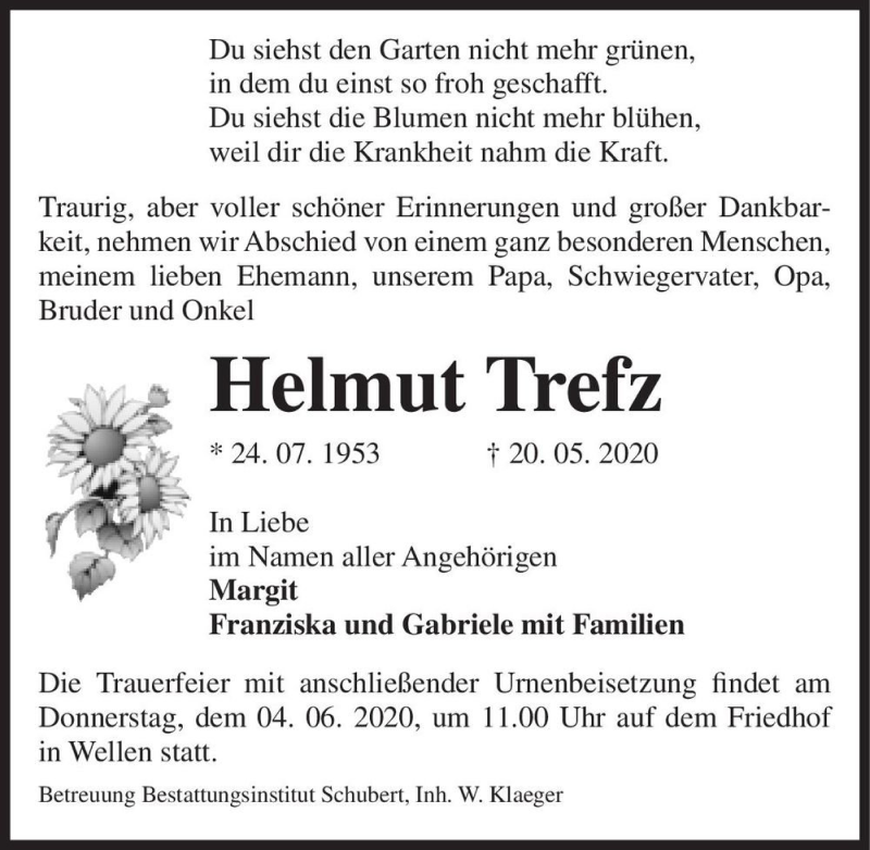  Traueranzeige für Helmut Trefz  vom 30.05.2020 aus Magdeburger Volksstimme