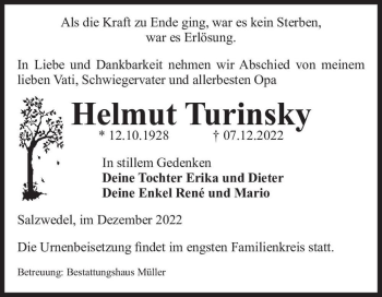 Traueranzeige von Helmut Turinsky  von Magdeburger Volksstimme