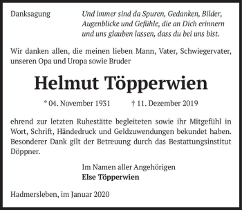 Traueranzeige von Helmut Töpperwien  von Magdeburger Volksstimme