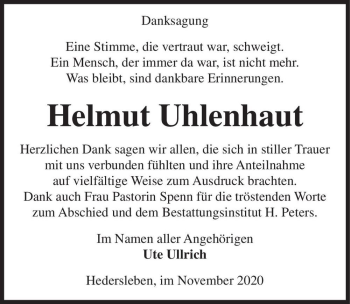 Traueranzeige von Helmut Uhlenhaut  von Magdeburger Volksstimme