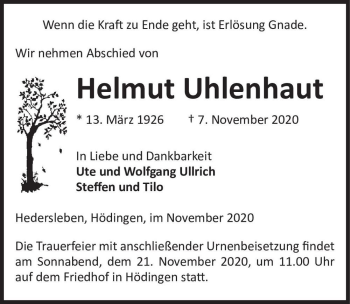 Traueranzeige von Helmut Uhlenhaut  von Magdeburger Volksstimme