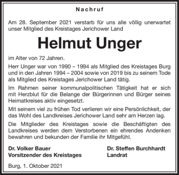 Traueranzeige von Helmut Unger  von Magdeburger Volksstimme