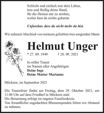 Traueranzeige von Helmut Unger  von Magdeburger Volksstimme