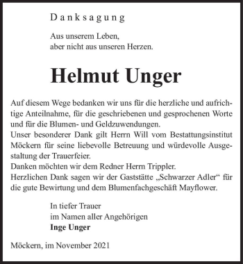 Traueranzeige von Helmut Unger  von Magdeburger Volksstimme