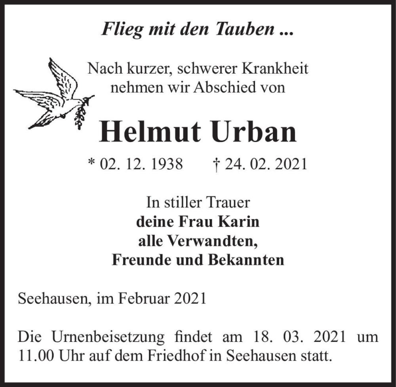  Traueranzeige für Helmut Urban  vom 13.03.2021 aus Magdeburger Volksstimme