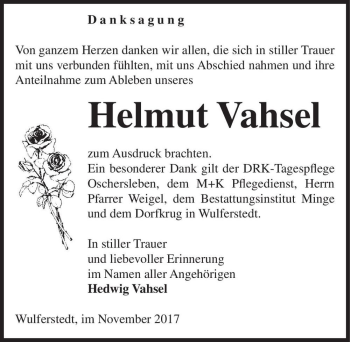 Traueranzeige von Helmut Vahsel  von Magdeburger Volksstimme