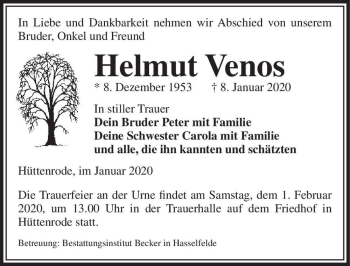 Traueranzeige von Helmut Venos  von Magdeburger Volksstimme