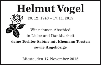 Traueranzeige von Helmut Vogel  von Magdeburger Volksstimme