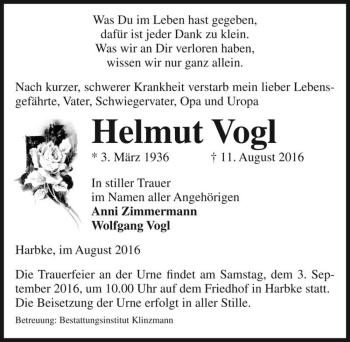 Traueranzeige von Helmut Vogl  von Magdeburger Volksstimme