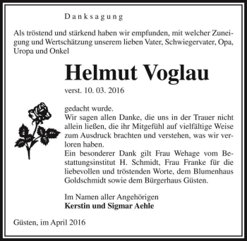 Traueranzeige von Helmut Voglau  von Magdeburger Volksstimme