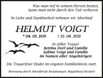 Traueranzeige von Helmut Voigt  von Magdeburger Volksstimme