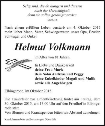 Traueranzeige von Helmut Volkmann  von Magdeburger Volksstimme