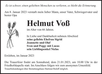 Traueranzeige von Helmut Voß  von Magdeburger Volksstimme