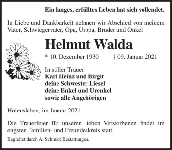 Traueranzeige von Helmut Walda  von Magdeburger Volksstimme