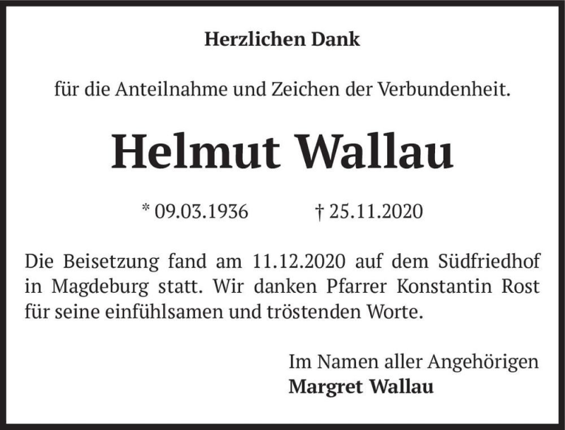  Traueranzeige für Helmut Wallau  vom 19.12.2020 aus Magdeburger Volksstimme