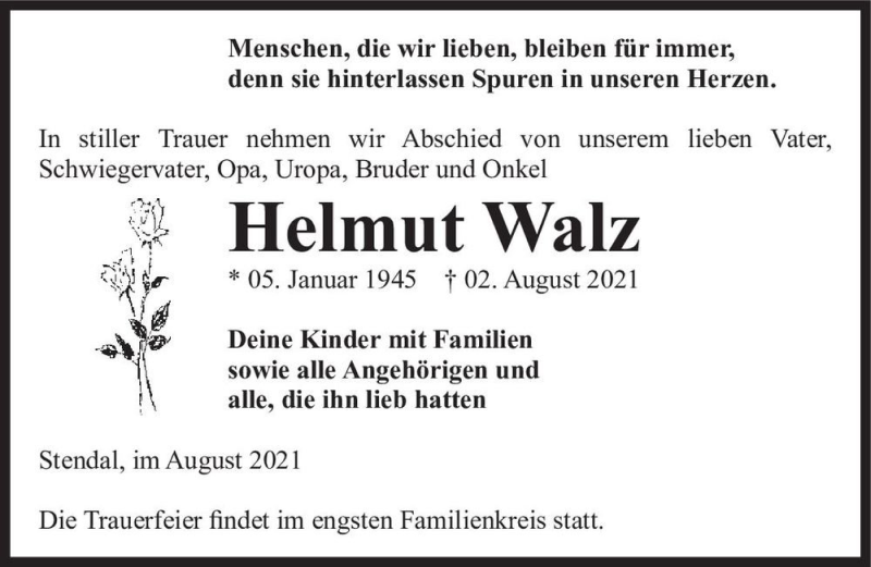  Traueranzeige für Helmut Walz  vom 07.08.2021 aus Magdeburger Volksstimme