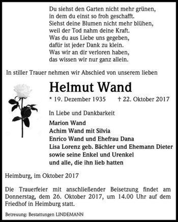 Traueranzeige von Helmut Wand  von Magdeburger Volksstimme
