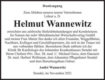 Traueranzeige von Helmut Wannewitz  von Magdeburger Volksstimme