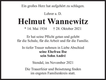 Traueranzeige von Helmut Wannewitz  von Magdeburger Volksstimme