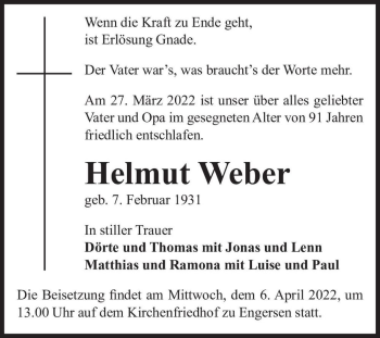Traueranzeige von Helmut Weber  von Magdeburger Volksstimme