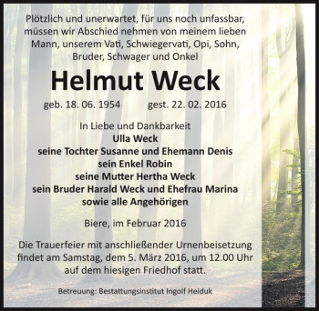 Traueranzeige von Helmut Weck  von Magdeburger Volksstimme