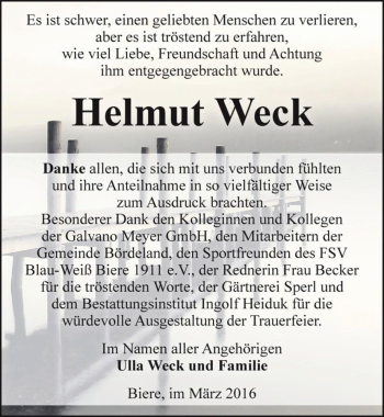 Traueranzeige von Helmut Weck  von Magdeburger Volksstimme