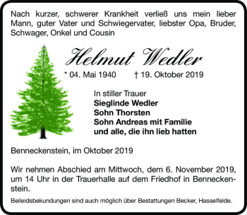 Traueranzeige von Helmut Wedler  von Magdeburger Volksstimme