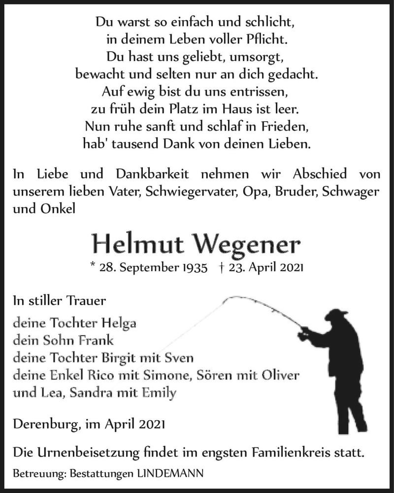  Traueranzeige für Helmut Wegener  vom 30.04.2021 aus Magdeburger Volksstimme