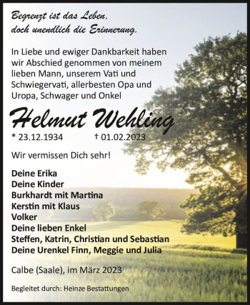 Traueranzeige von Helmut Wehling  von Magdeburger Volksstimme