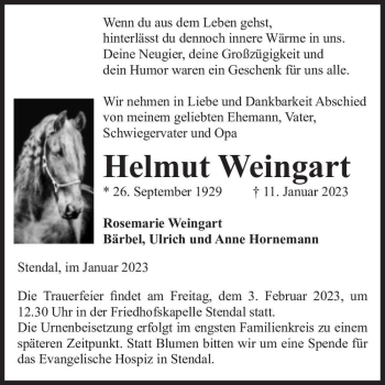 Traueranzeige von Helmut Weingart  von Magdeburger Volksstimme
