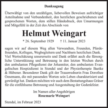 Traueranzeige von Helmut Weingart  von Magdeburger Volksstimme