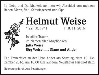 Traueranzeige von Helmut Weise  von Magdeburger Volksstimme